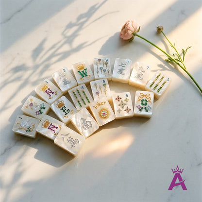 Fan of mother-of-pearl and gold mahjong tiles