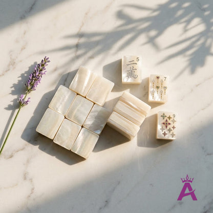 Mother-of-pearl mahjong tiles showing plain backs and thickness
