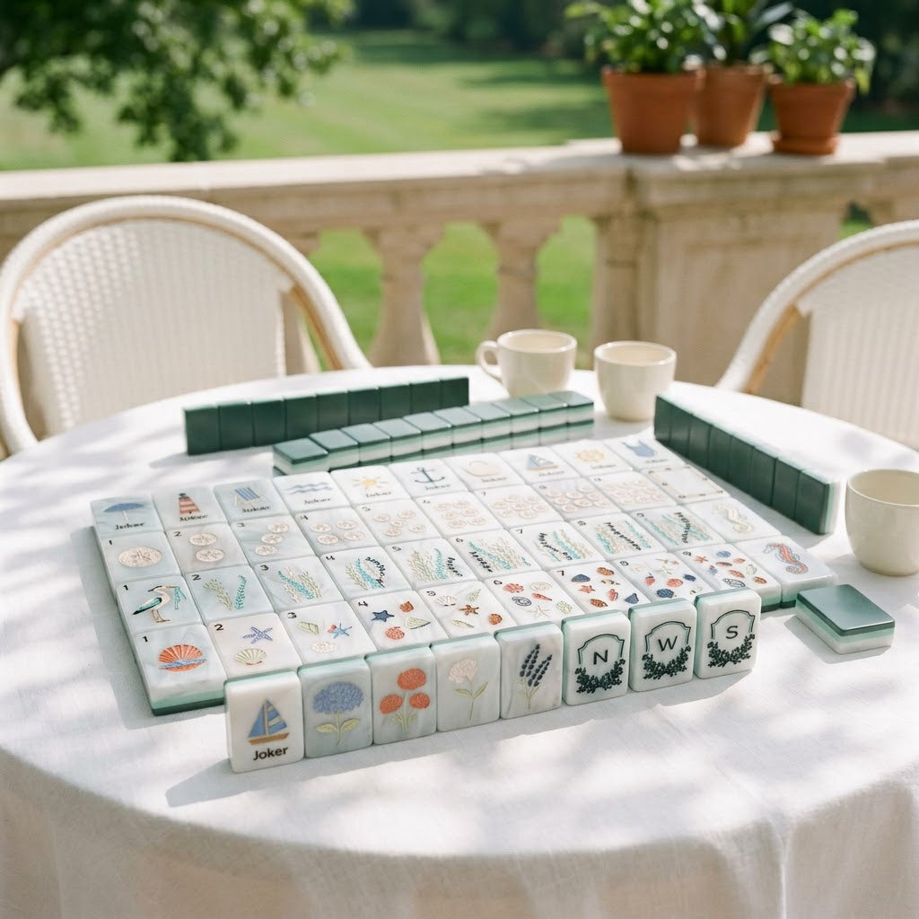 Nantucket Shore mahjong set laid out on a round table on a sunlit clubhouse terrace