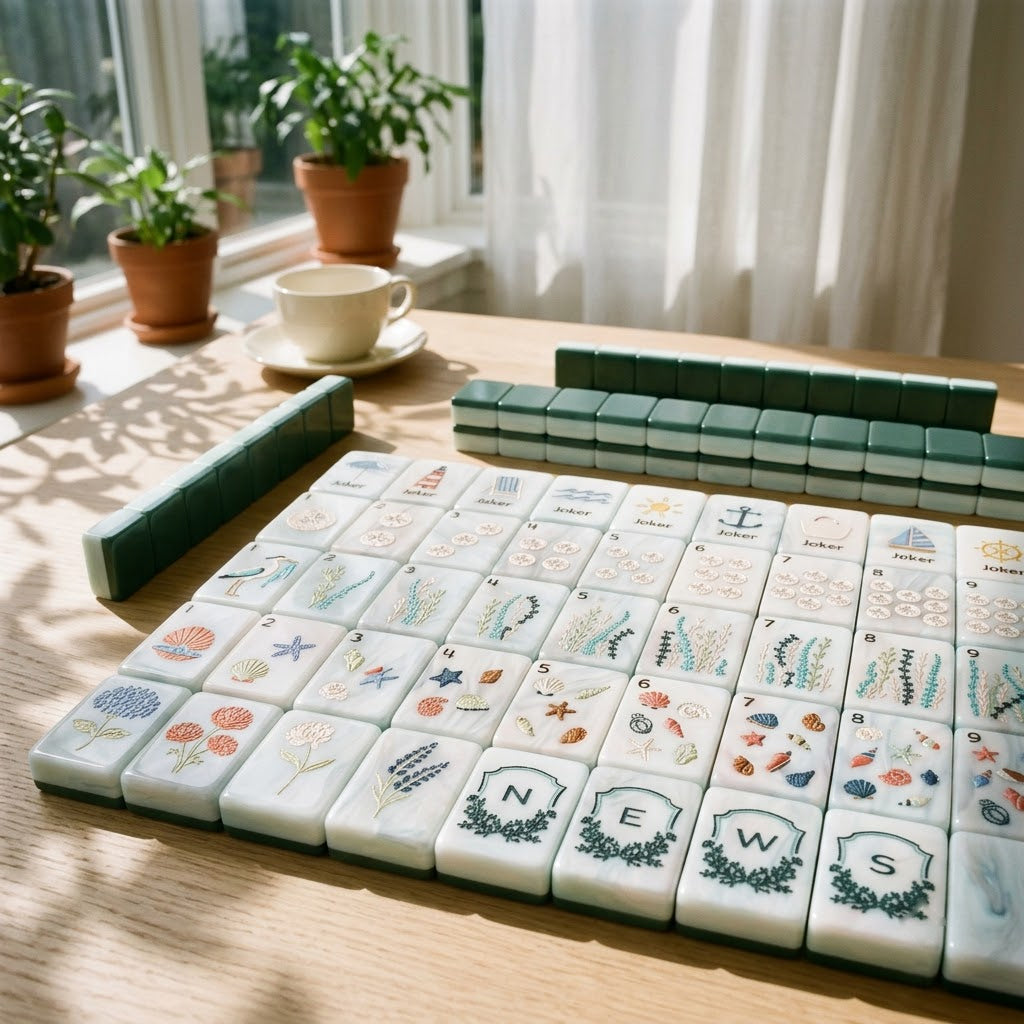 Nantucket Shore mahjong tiles on an oak table in a bright plant-filled sunroom