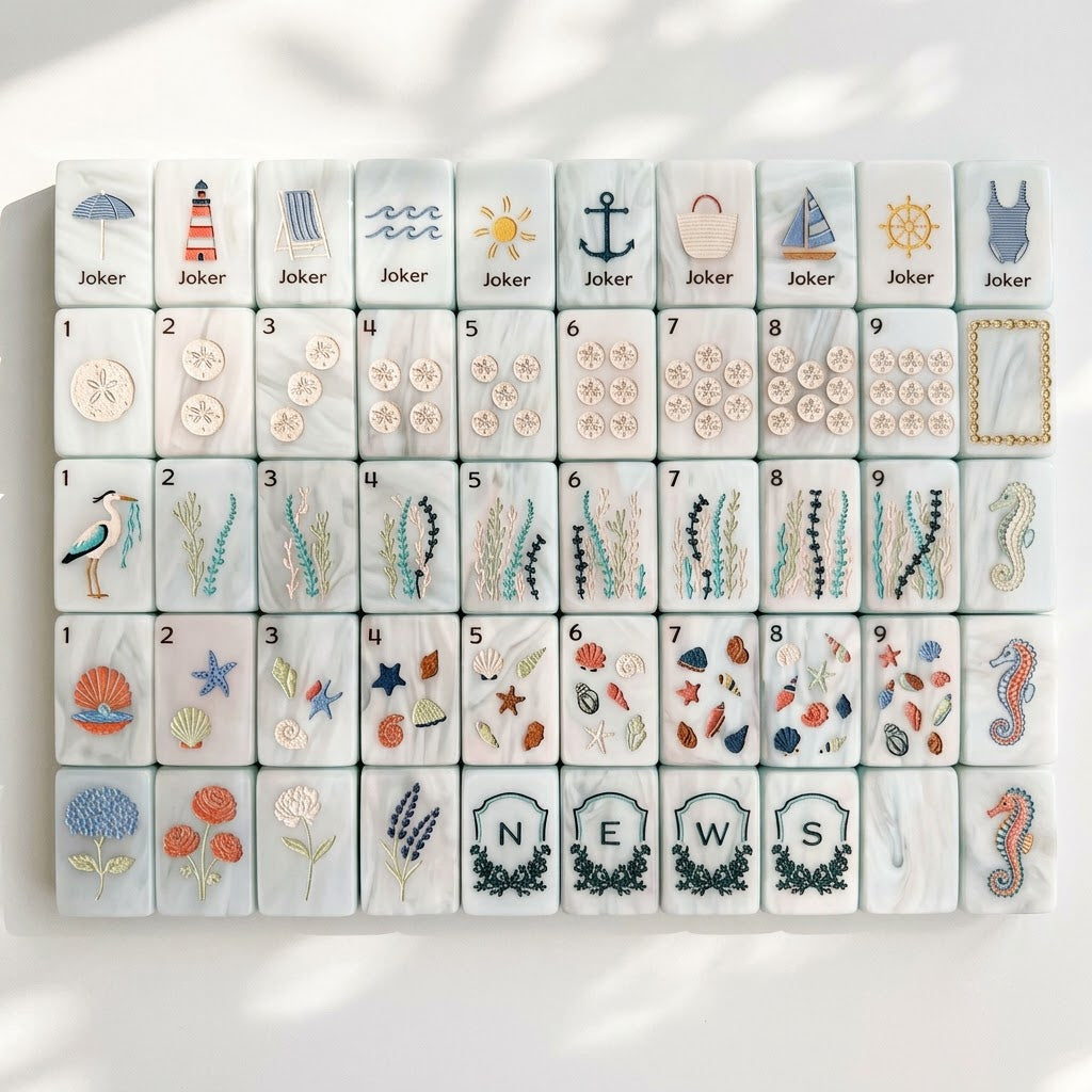 Complete Nantucket Shore mahjong set laid out by suit — 160 NMJL-ready tiles with no Chinese characters
