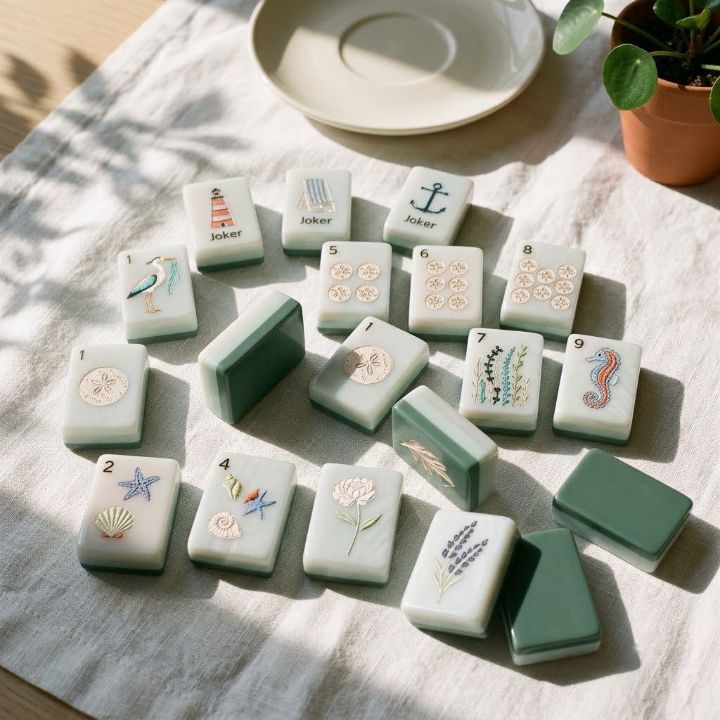 Nantucket Shore tiles scattered on rumpled white linen in low afternoon sun