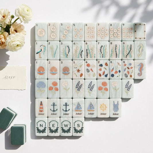 Nantucket Shore mahjong set laid out on white — pearl-swirled tiles with sand dollars, seaweed, shells and beach Jokers