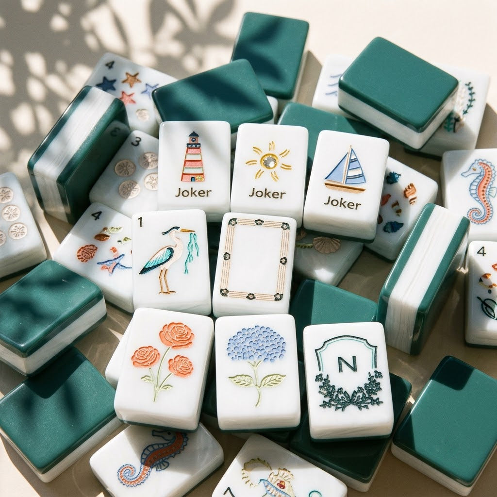 Close pile of Nantucket Shore mahjong tiles showing pearl faces, deep sage backs and the celadon edge band