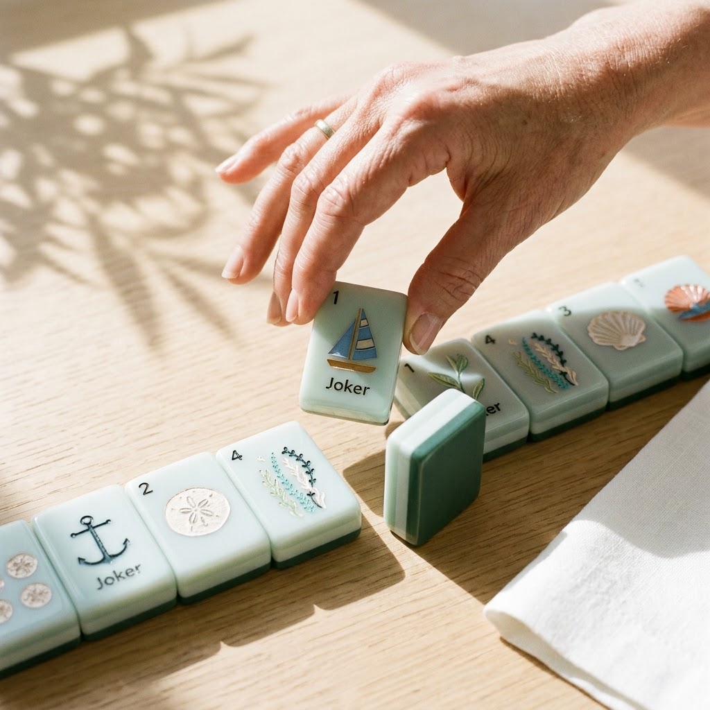 A hand placing a Nantucket Shore mahjong tile down on a pale oak table