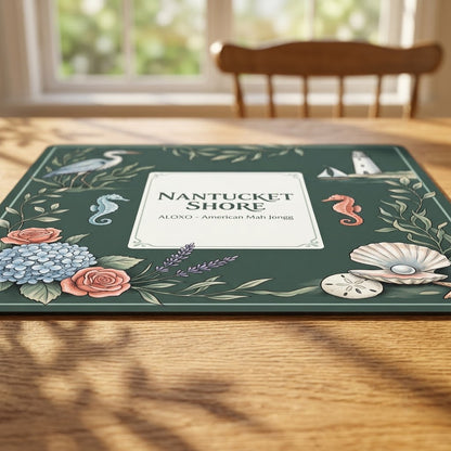 Low-angle view of the Nantucket Lighthouse Shore mahjong mat lying flat on a table