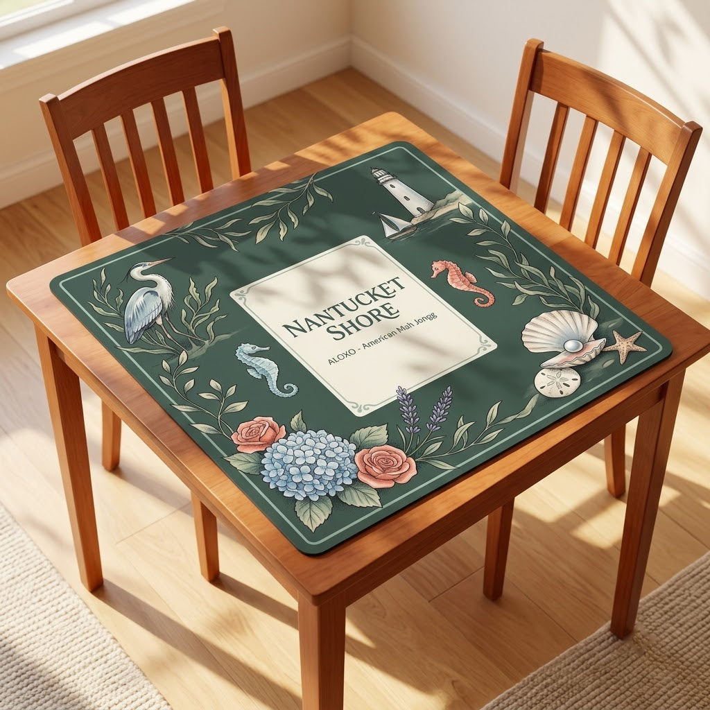 Nantucket Lighthouse Shore mahjong mat covering a square card table, angled view