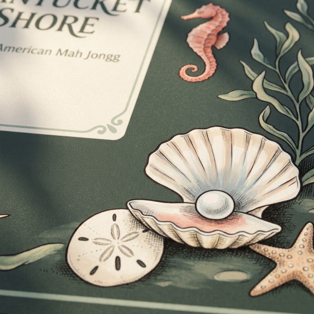 Close-up of the printed artwork on the Nantucket Lighthouse Shore mahjong mat