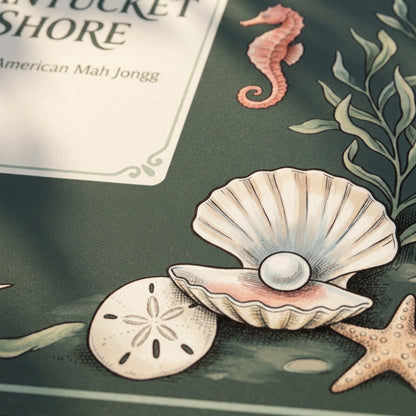 Close-up of the printed artwork on the Nantucket Lighthouse Shore mahjong mat