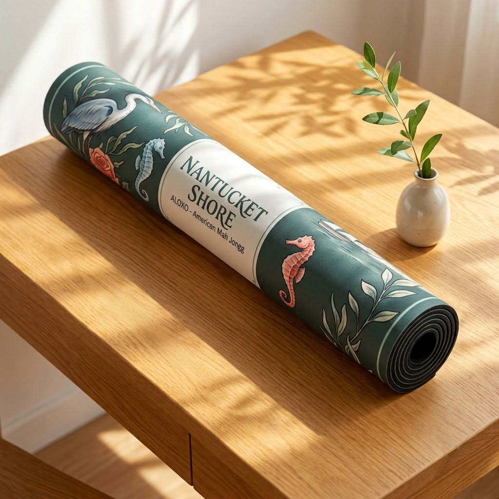 Nantucket Lighthouse Shore mahjong mat rolled up on a console table