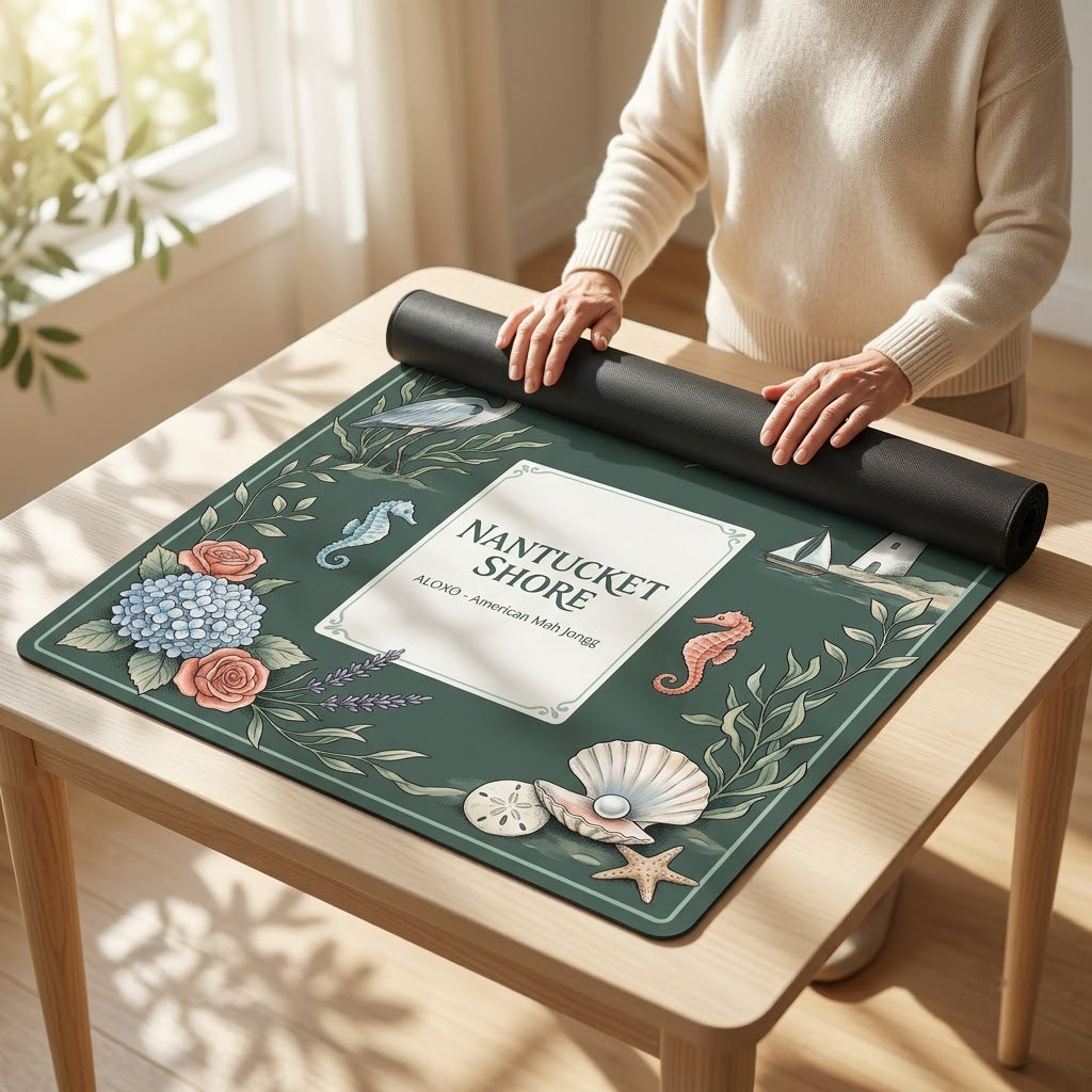 Woman unrolling the Nantucket Lighthouse Shore mahjong mat across a card table