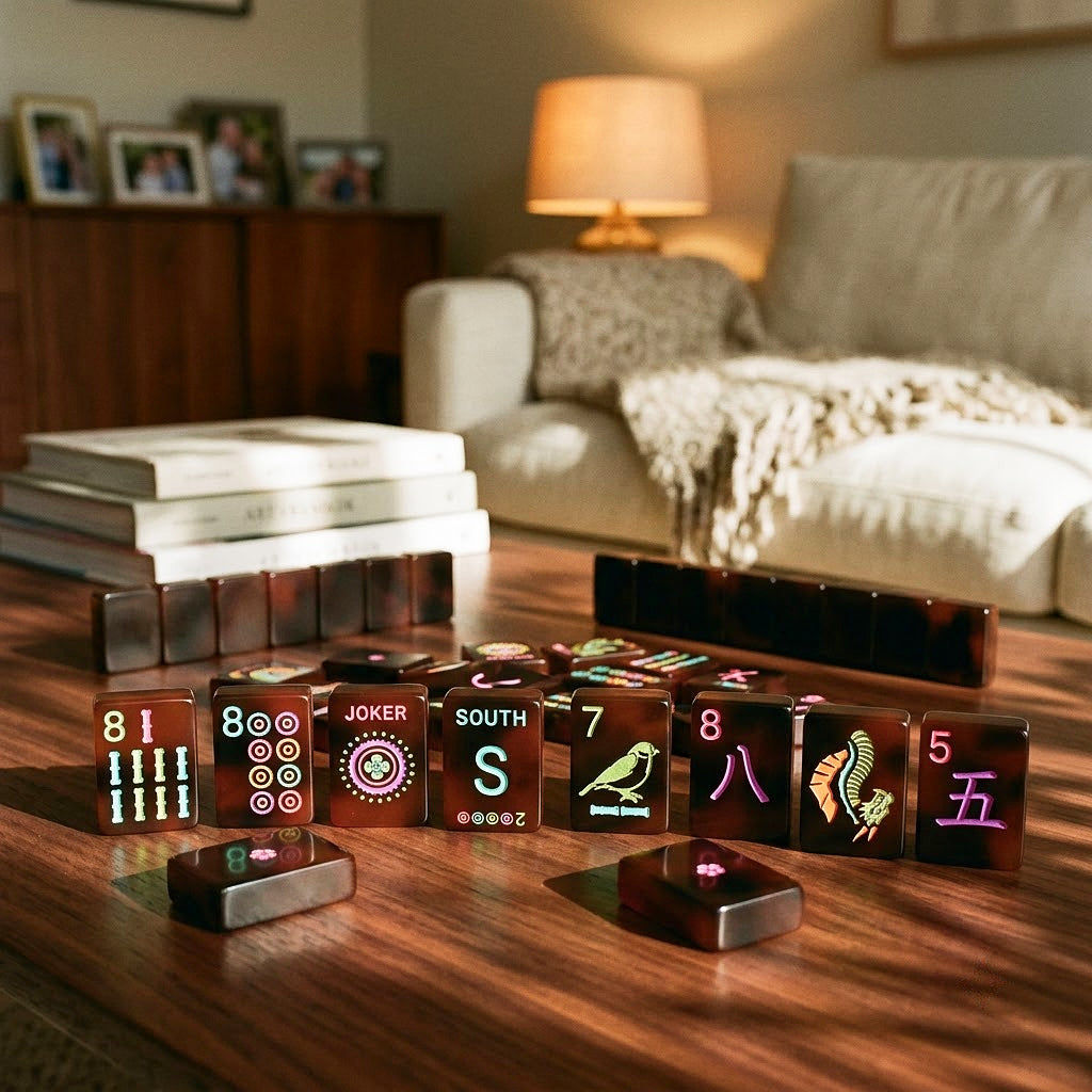 Racked line of neon tortoiseshell tiles on a walnut living room table