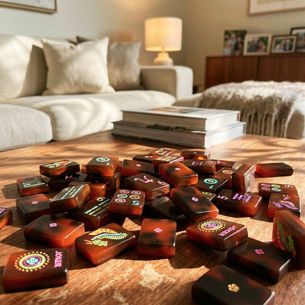 Neon tortoiseshell mahjong tiles spread on a coffee table at home