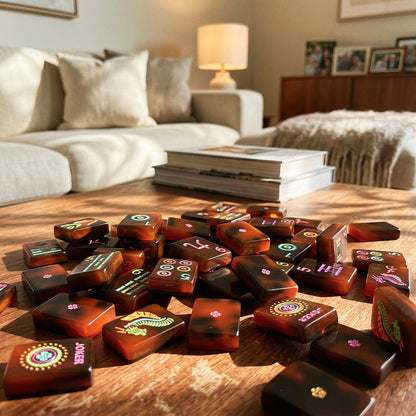 Neon tortoiseshell mahjong tiles spread on a coffee table at home