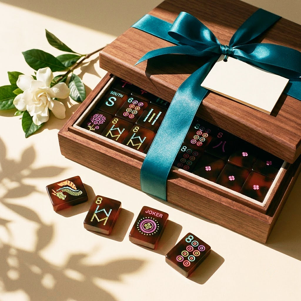 Neon tortoiseshell mahjong set in a wooden gift box tied with ribbon