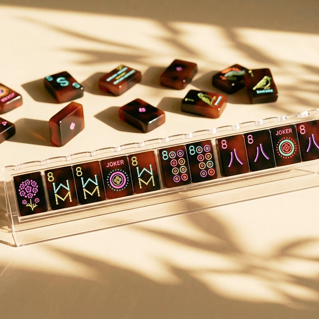Tiles standing upright on a mahjong rack, faces easy to read