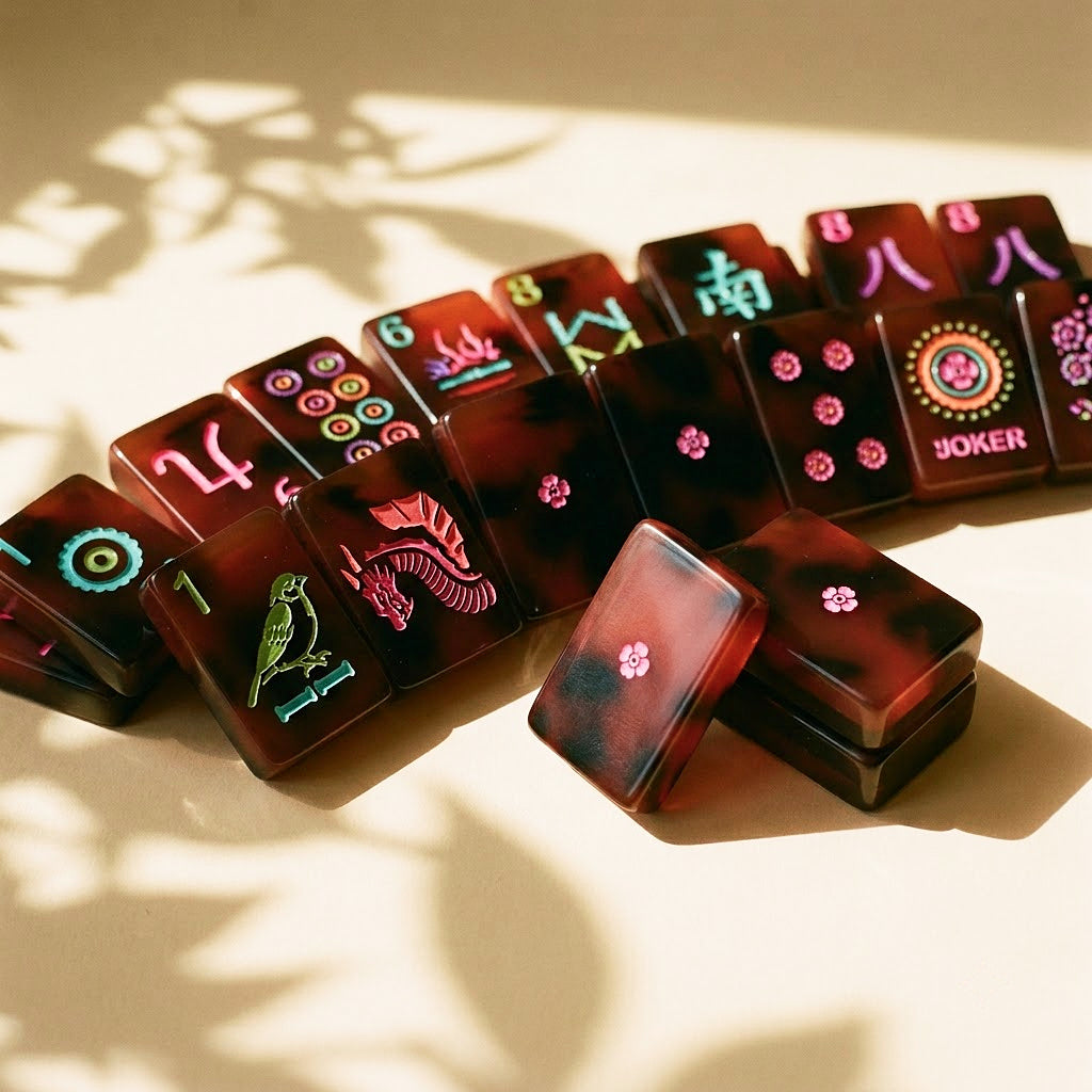 Dragon, wind and flower tiles arranged in a row on a cream surface