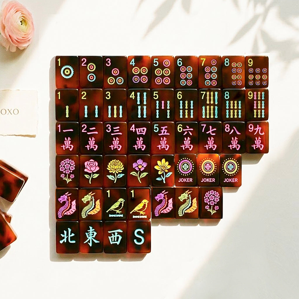 Complete Neon Tortoiseshell American Mahjong set laid out flat, 160 tiles