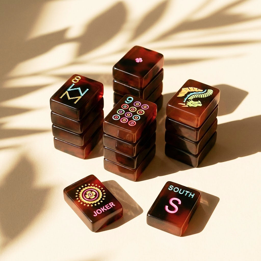 Stacks of neon tortoiseshell mahjong tiles showing thickness and weight