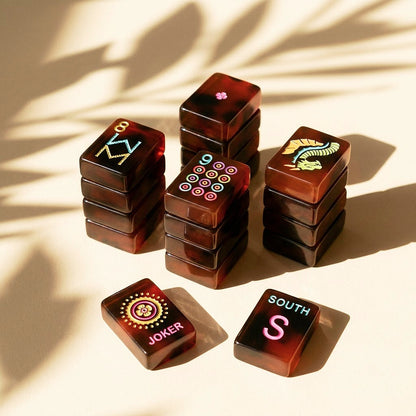 Stacks of neon tortoiseshell mahjong tiles showing thickness and weight