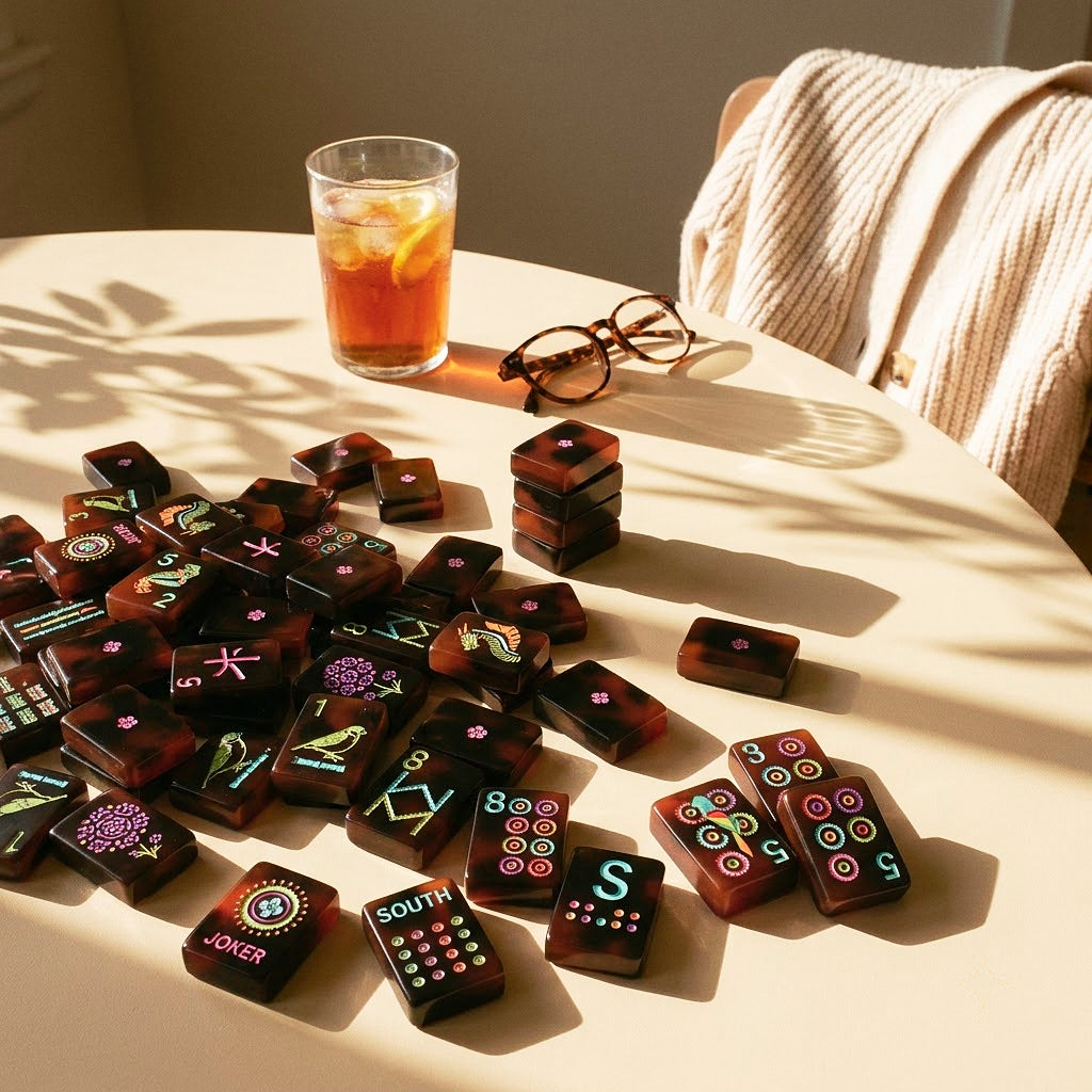 Tiles left on the table at the end of a game with iced tea and reading glasses