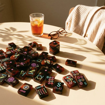 Tiles left on the table at the end of a game with iced tea and reading glasses