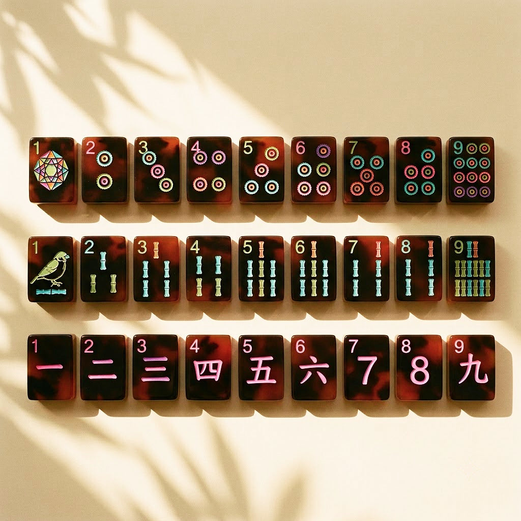 Dot, bamboo and character suits numbered one to nine in neon on tortoiseshell tiles