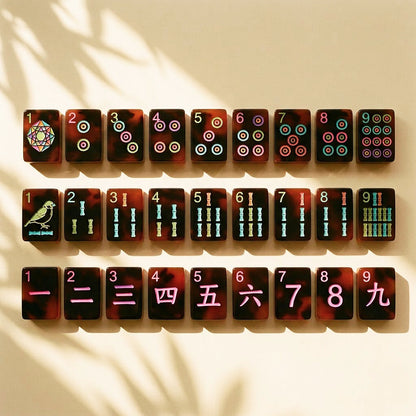 Dot, bamboo and character suits numbered one to nine in neon on tortoiseshell tiles