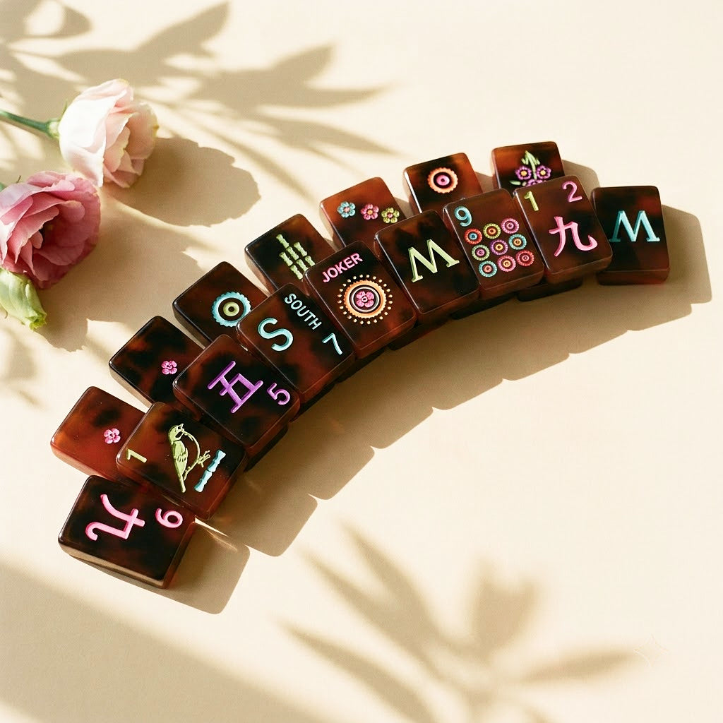 Neon tortoiseshell mahjong tiles fanned in an arc beside garden roses