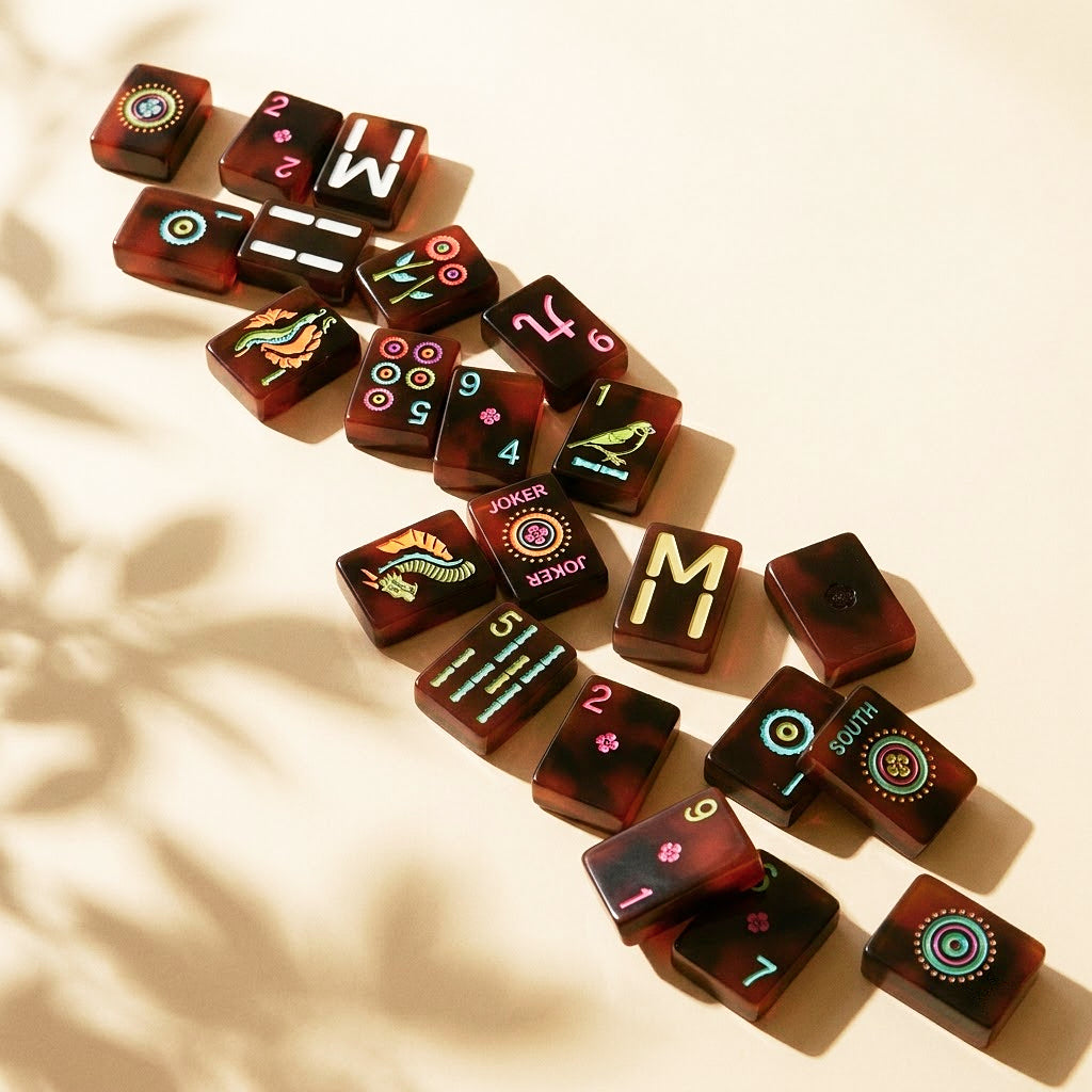 Loose diagonal run of neon tortoiseshell tiles in dappled sunlight