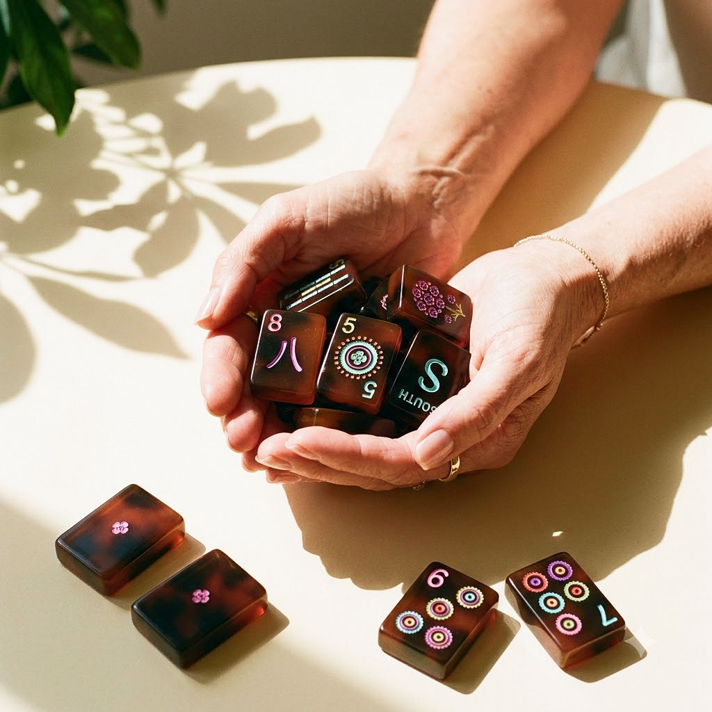 Womans hands cradling a handful of neon tortoiseshell mahjong tiles