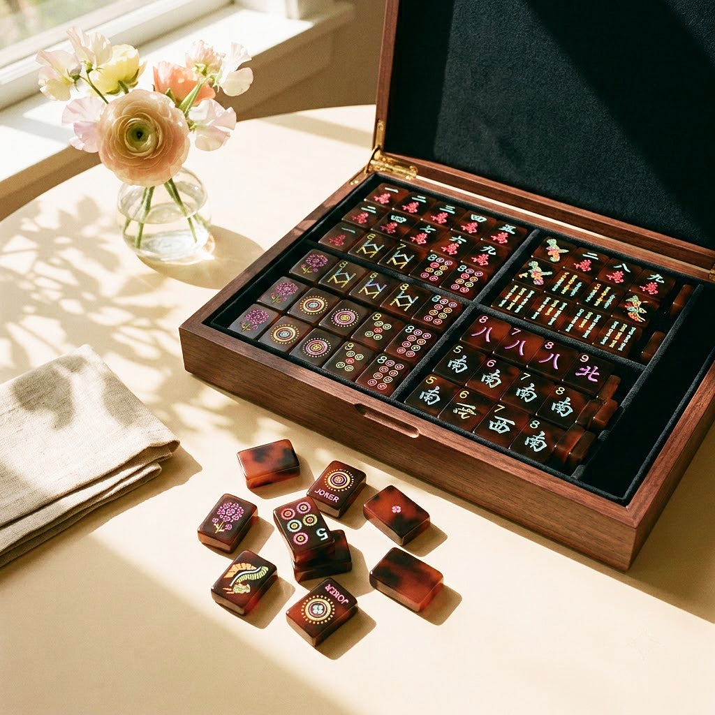 Neon tortoiseshell mahjong set in its open storage case