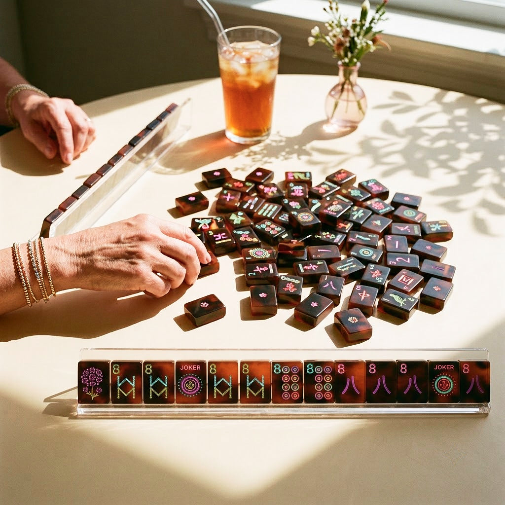 American mahjong game in progress with tiles racked and iced tea on the table