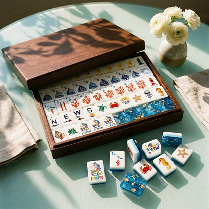 Ocean Blue Mermaid mahjong set in its open wooden storage case