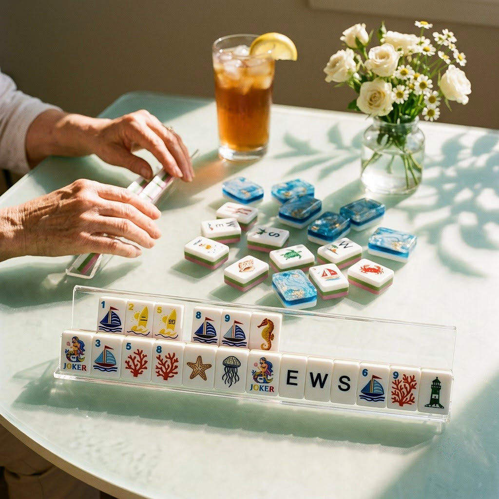 American mahjong game in progress with tiles racked and iced tea on the table