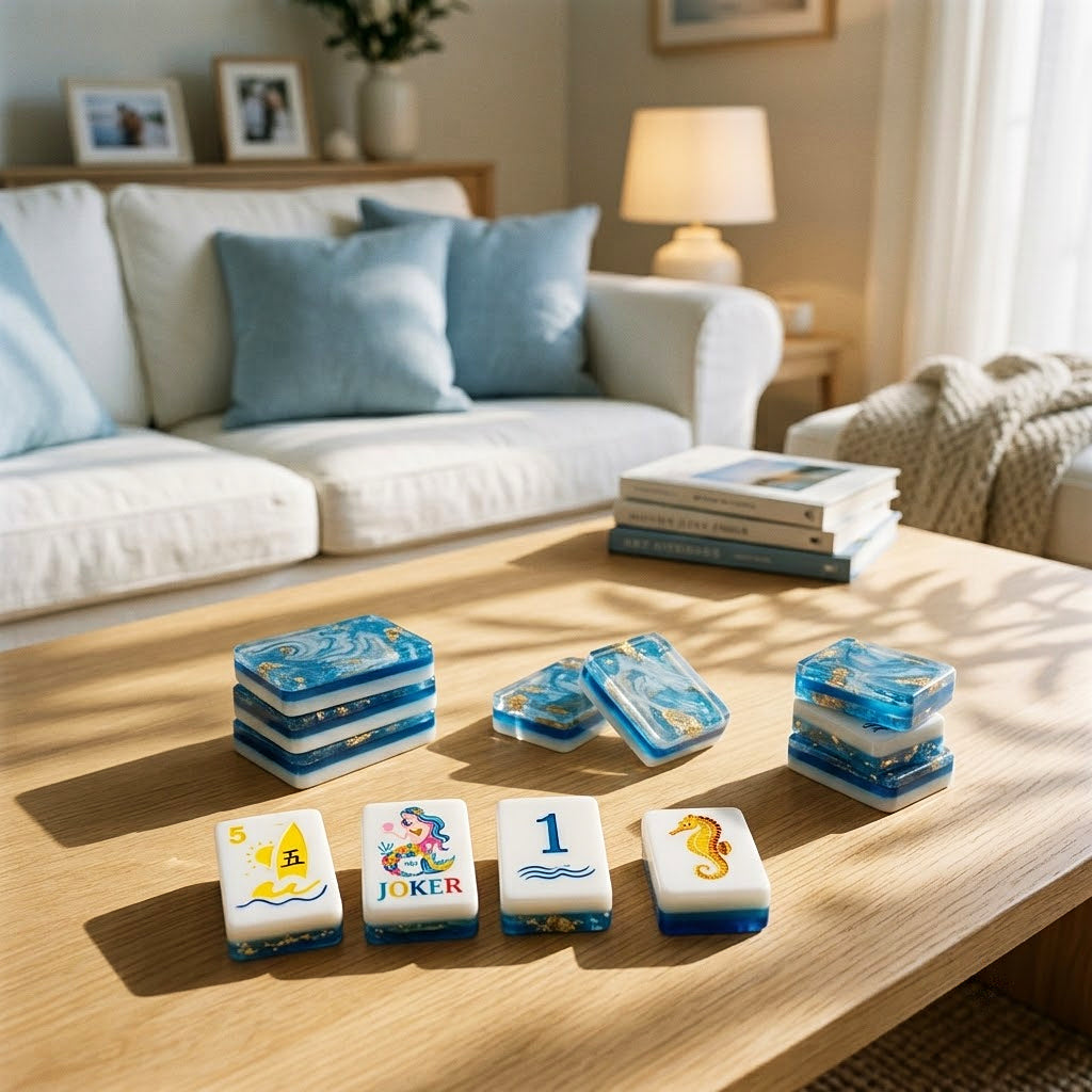 Mahjong tiles laid out on a coffee table in a calm coastal living room