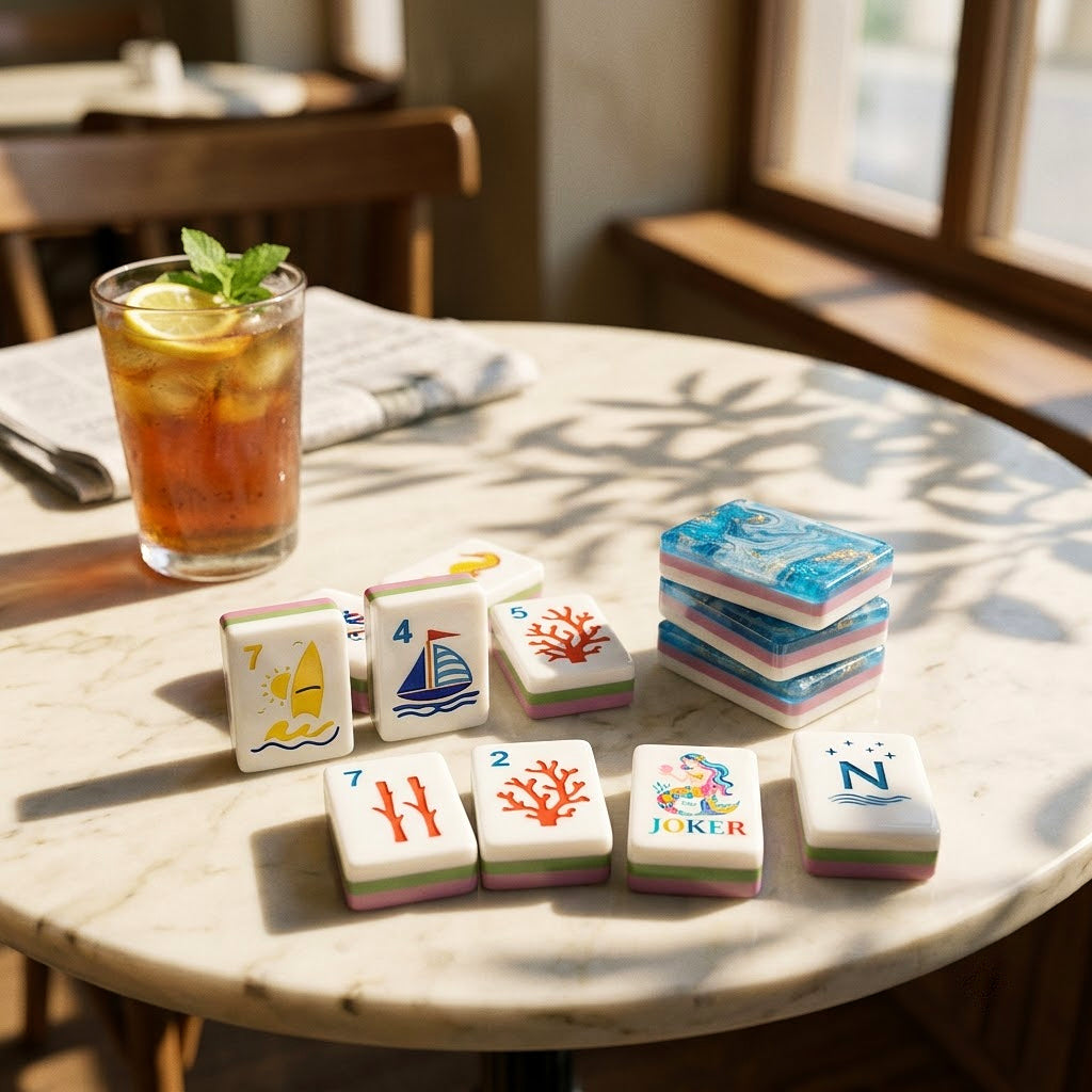 Ocean Blue Mermaid tiles on a marble cafe table with iced tea
