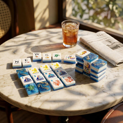 Tiles and stacks on a sunlit marble bistro table beside a newspaper
