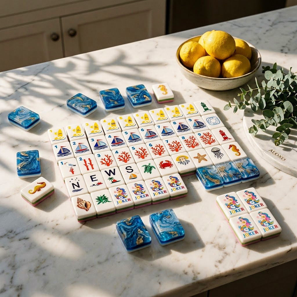 Ocean Blue Mermaid tiles spread across a marble kitchen island with lemons