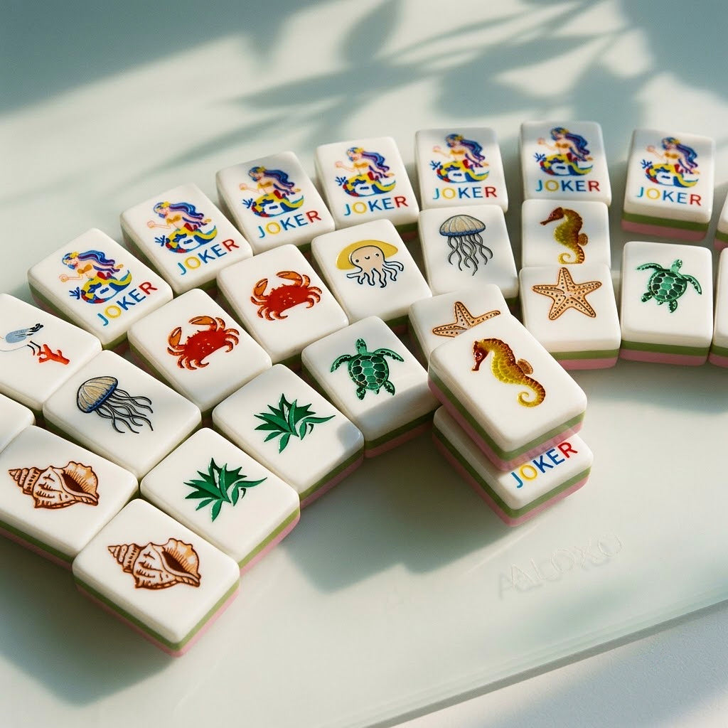 Sea turtle, crab, seahorse, starfish and conch shell tiles fanned out