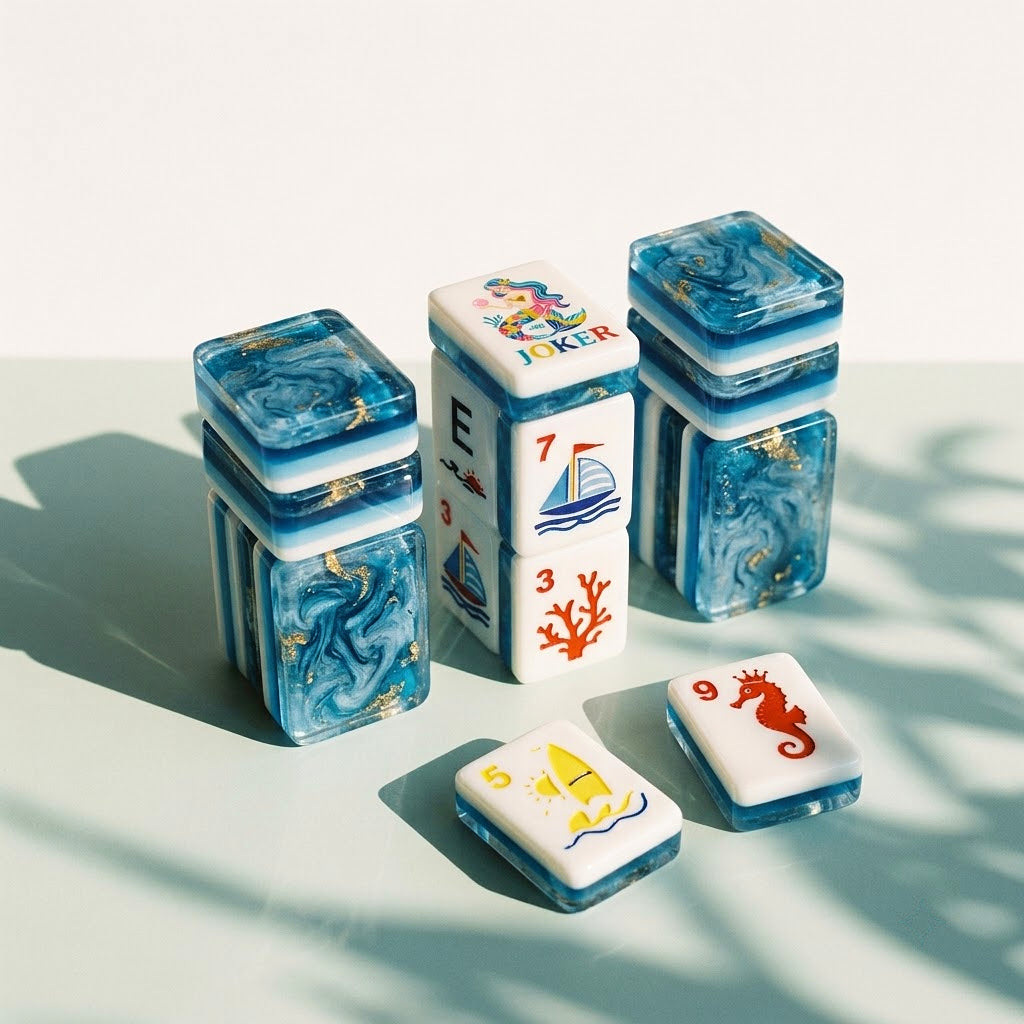 Stacks of Ocean Blue Mermaid mahjong tiles showing thickness and weight
