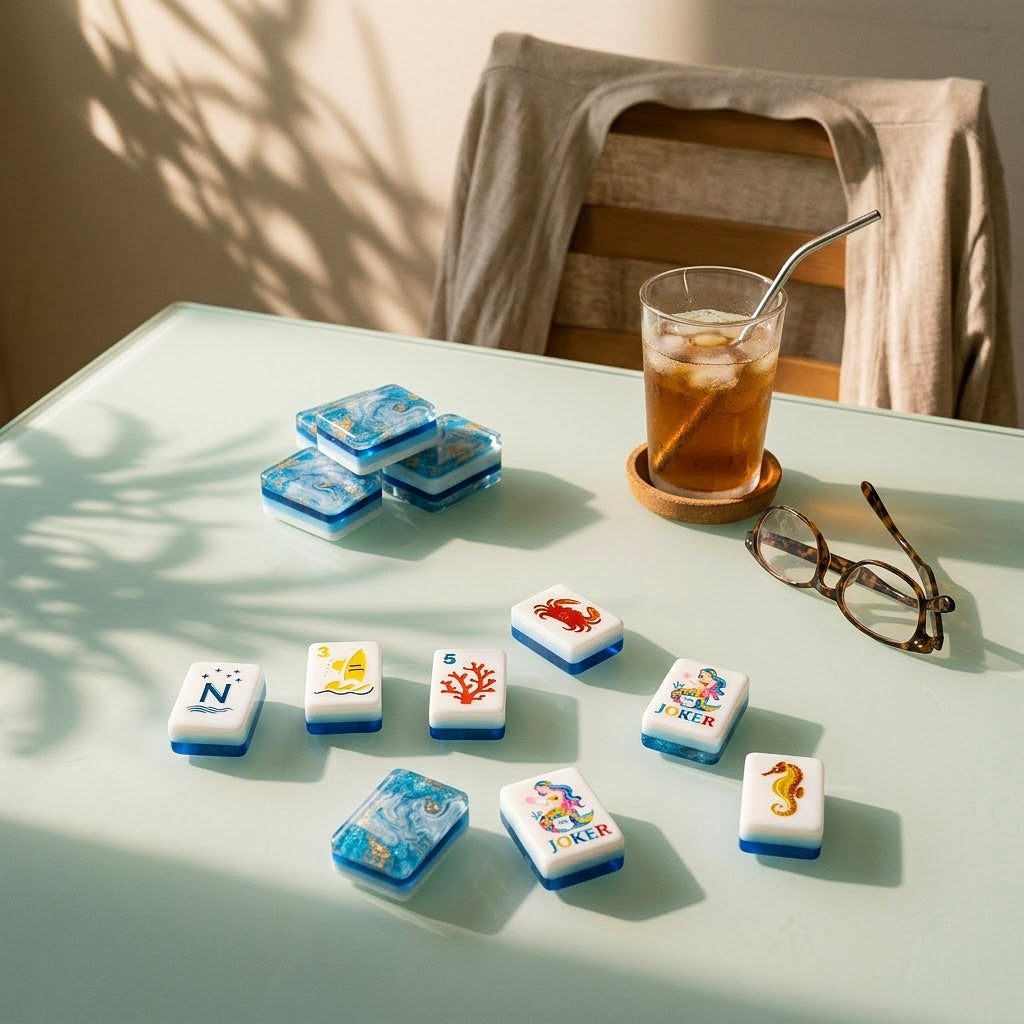 Tiles left on the table at the end of a game with iced tea and reading glasses