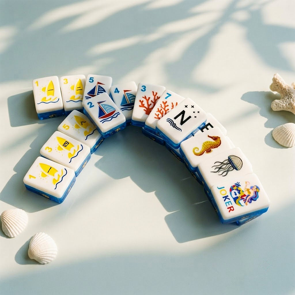 Ocean Blue Mermaid mahjong tiles fanned in an arc in dappled sunlight