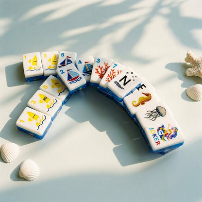 Ocean Blue Mermaid mahjong tiles fanned in an arc in dappled sunlight