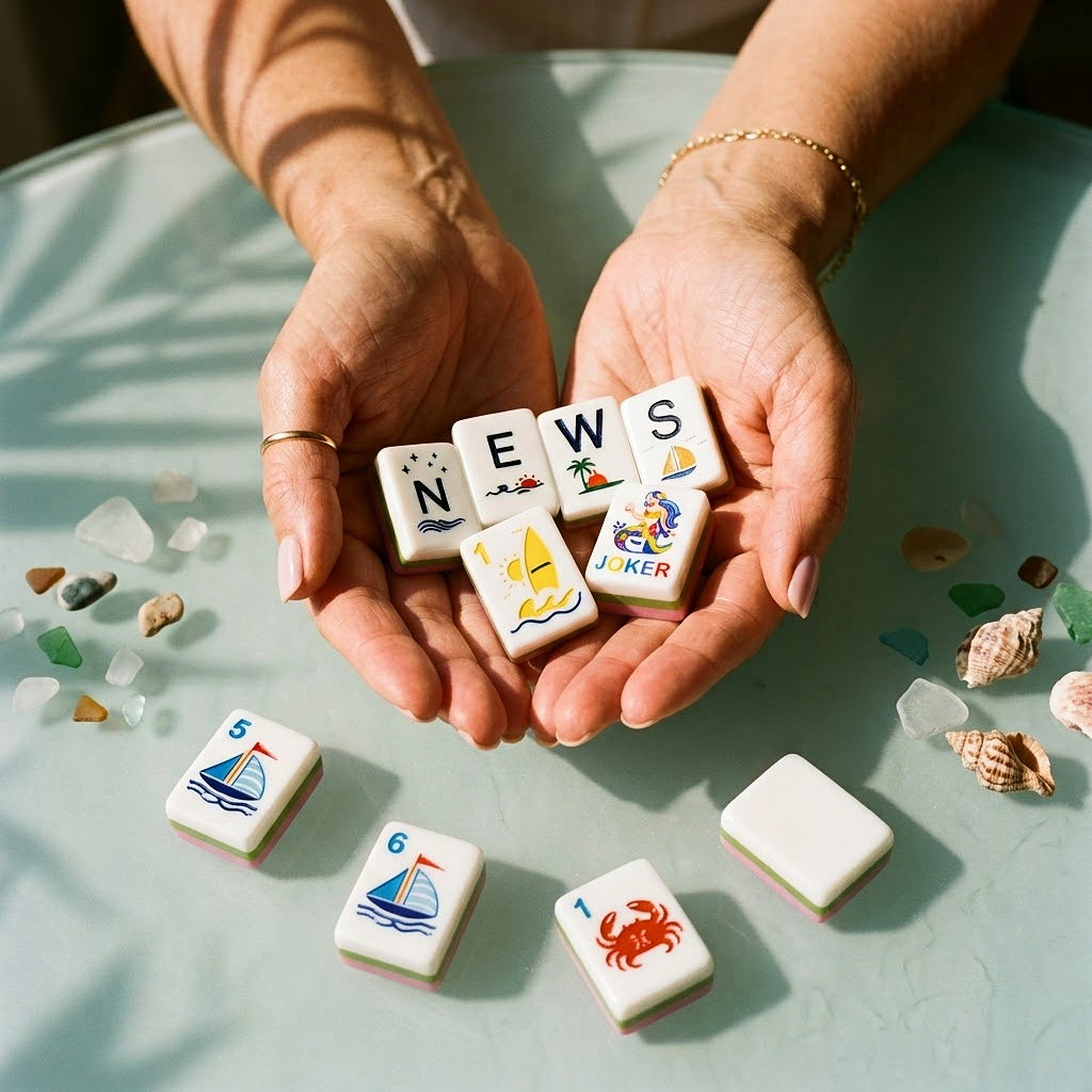 Womans hands cradling a handful of Ocean Blue Mermaid mahjong tiles
