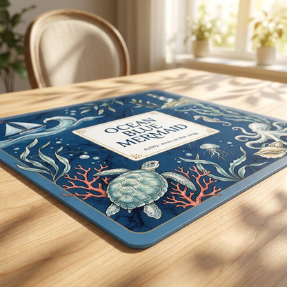 Low-angle view of the Ocean Blue Reef mahjong mat lying flat on a table