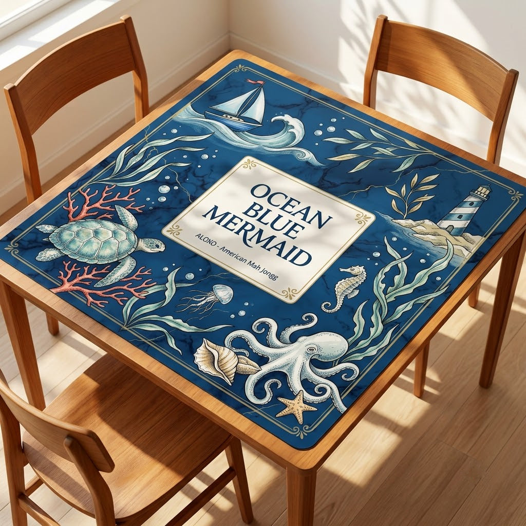 Ocean Blue Reef mahjong mat covering a square card table, angled view