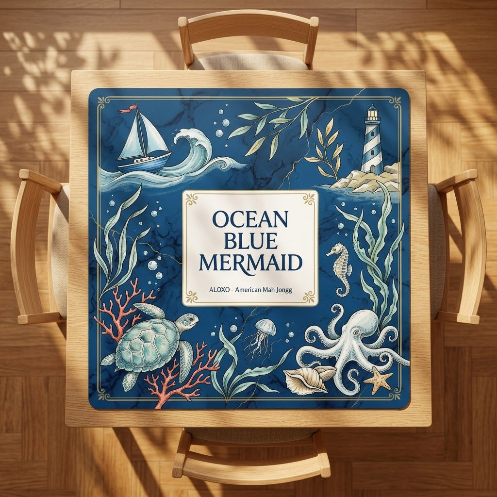 Ocean Blue Reef mahjong mat on a square card table with four chairs, seen from above