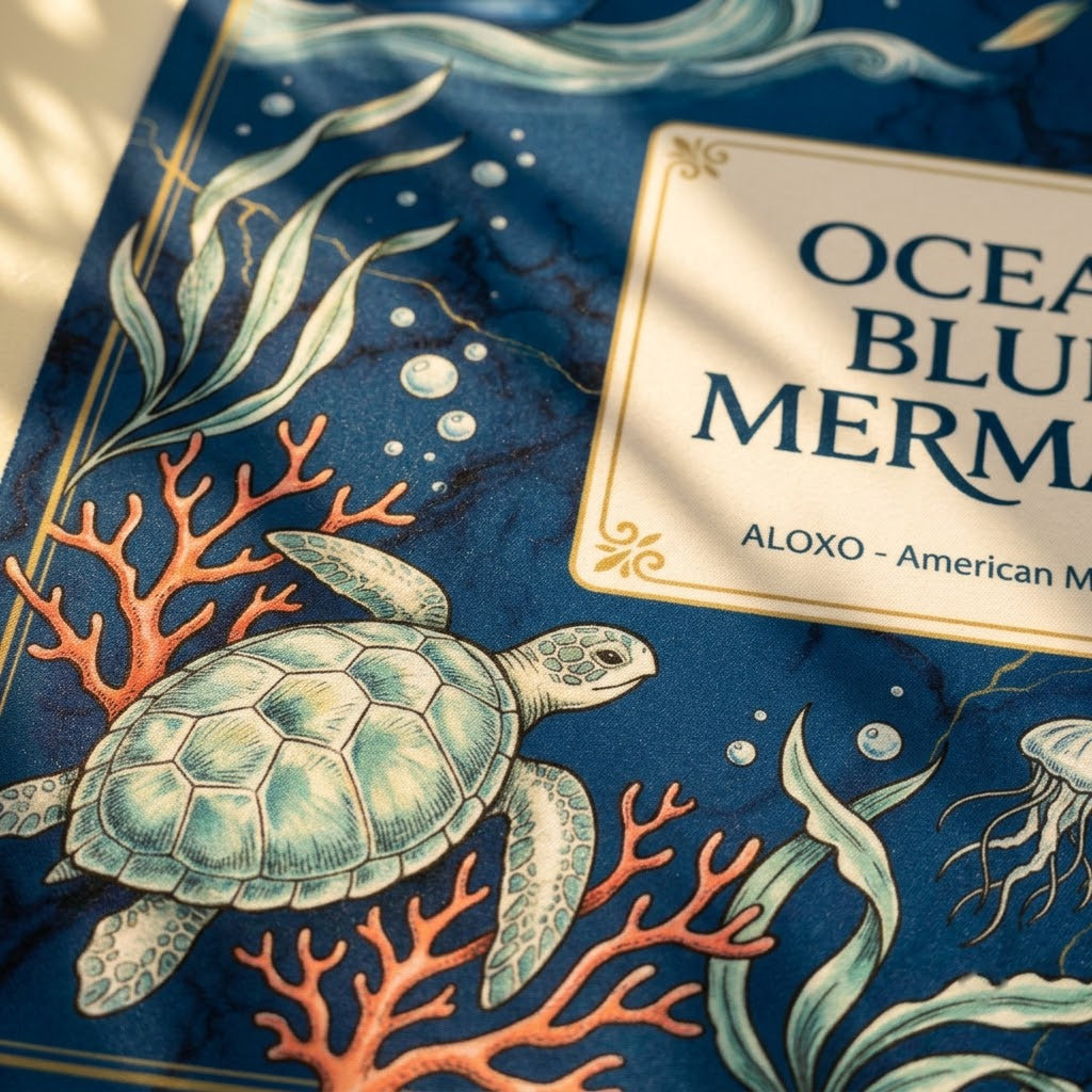 Close-up of the printed artwork on the Ocean Blue Reef mahjong mat