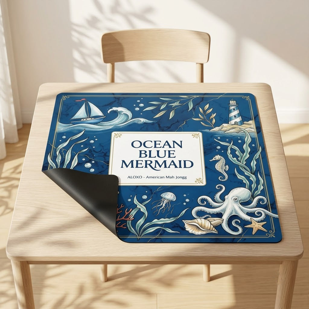 Ocean Blue Reef mahjong mat with one corner folded back to show the black rubber underside